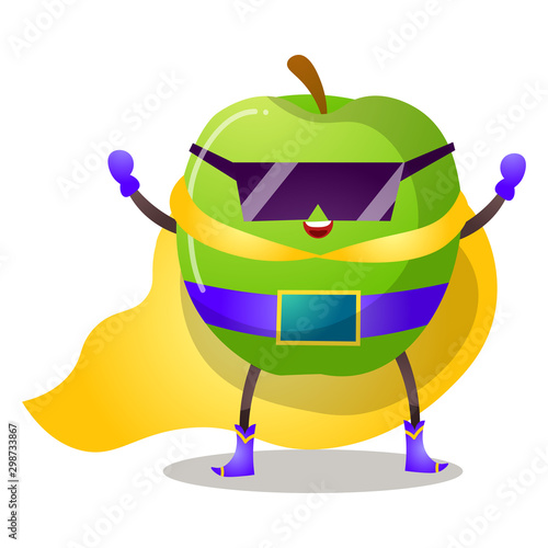 Funny superhero humanized apple in black glasses and yellow cloak. Vector illustration isolated on white background