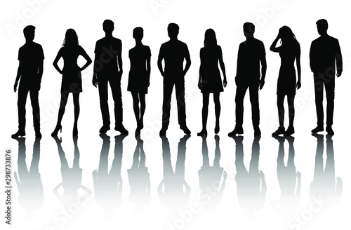 Vector silhouettes of  men and a women, a group of standing business people with shadow, black color isolated on white background