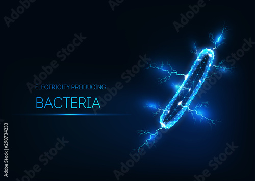 Futuristic glowing low polygonal electricity producing bacteria isolated on dark blue background.