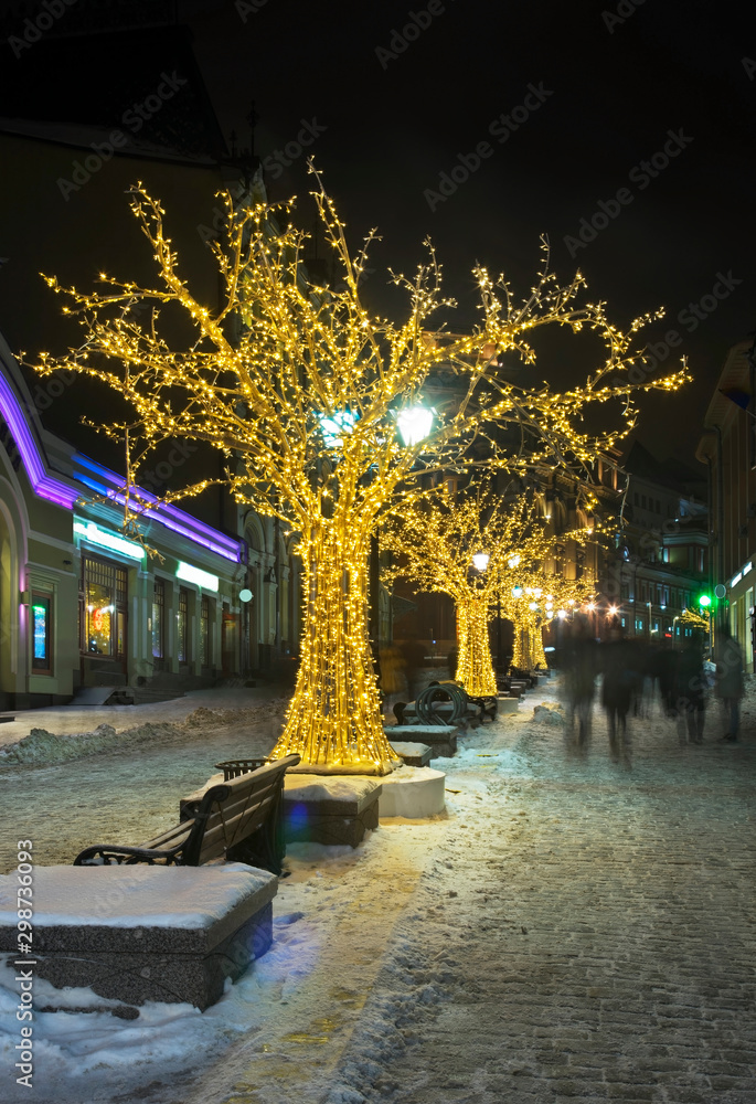 Holiday decorations of Kuznetsky Most street in Moscow. Russia