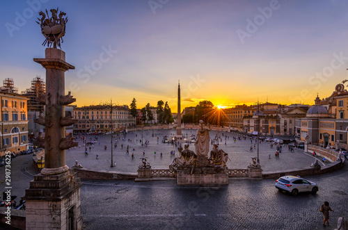 Sunset view of Piazza del Popolo (People's Square) in Rome, Italy. Architecture and landmark of Rome. Cityscape of Rome.