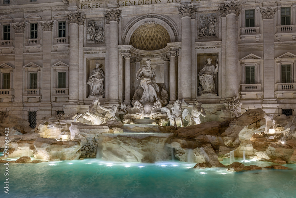 Night view of Rome Trevi Fountain (Fontana di Trevi) in Rome, Italy. Trevi is most famous fountain of Rome. Architecture and landmark of Rome