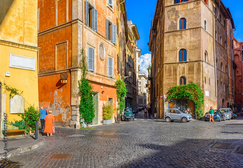 View of old narrow street in Rome  Italy. Architecture and landmark of Rome. Cozy cityscape of Rome.