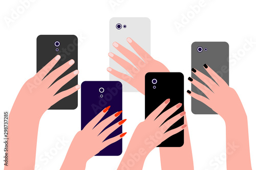 Hands of people with cell phones. Group of people men and women take photos, videos on smartphone. Record of an interesting, bright, shocking, memorable event, incident. Vector