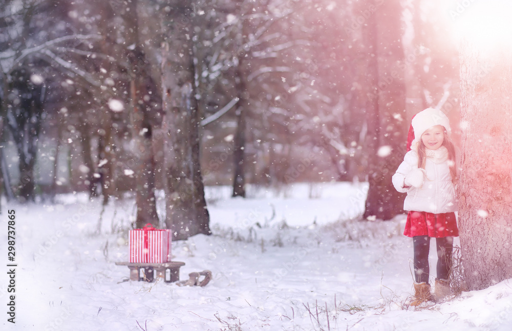 A winter fairy tale in the forest. A girl on a sled with gifts on the eve of the new year in the park. Two sisters walk in a New Year's park and ride a sled with gifts.