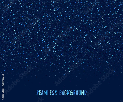 Spray, uneven dots, sparks border, frame template. Seamless in horizontal direction splash, dot splatter background. Dark blue neon dotty hand drawn texture. Falling blobs, spots, design element.