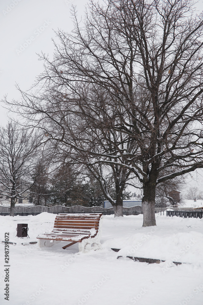 Winter city landscape. Winter park covered with snow. A bench under a snow-covered tree in a city park. Winter city landscape. Winter park covered with snow. A bench under a snow-covered tree in a city park.