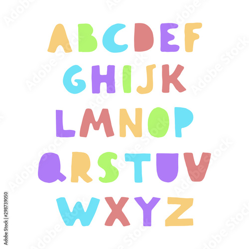 Vector cute colorful alphabet for kids. Can be used as elemets for your design for greeting cards, nursery, poster, card, birthday party, packaging paper design, baby t-shirts prints