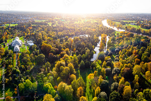 Photography Aerial view of old glasshouse in the botanic garden, London