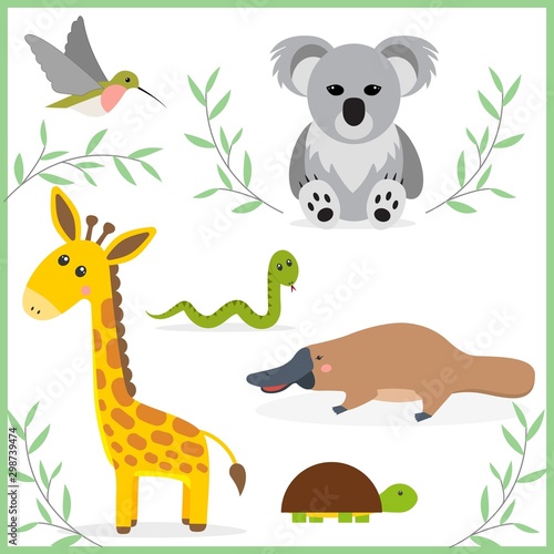 Funny cartoon animals. Vector illustration isolated on white. Hummingbird, giraffe, turtle, snake, platypus, koala.