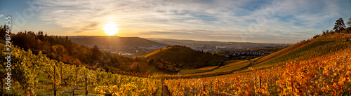 Autumn sunset view of Stuttgart sykline overlooking the colorful vineyards. The iconic Fernsehturm as well as the soccer stadium are visible. The sun is about ot set over the Neckar Valley. photo