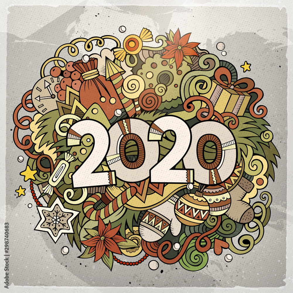 2020 hand drawn doodles illustration. New Year objects and elements poster