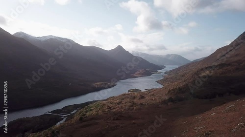 aerial footage of loch leven shot from the hillside in autumn near kinlochleven and fort william in the argyll region of the highlands of scotland in autumn showing burnt orange flora photo