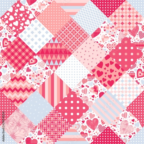 Cute patchwork seamless pattern with hearts and geometric ornaments. Print for fabric and textile.