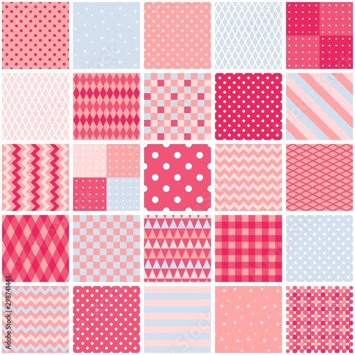 Patchwork seamless pattern from square patches with geometric ornaments in pink tones. Romantic quilt design.