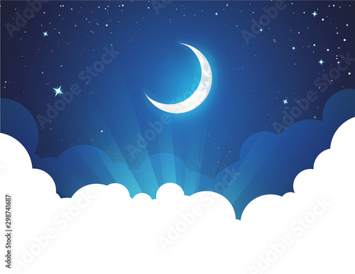 Night with Moon and Stars - Vector placard illustration with copy space at bottom. Flyer with Moonlight night for illustration of fairy tale, fantasy or calendar events.