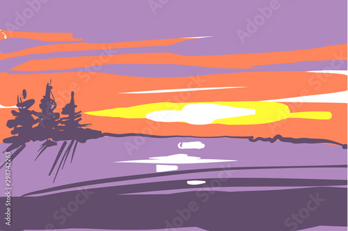 Peaceful winter landscape at sunset time vector illustration