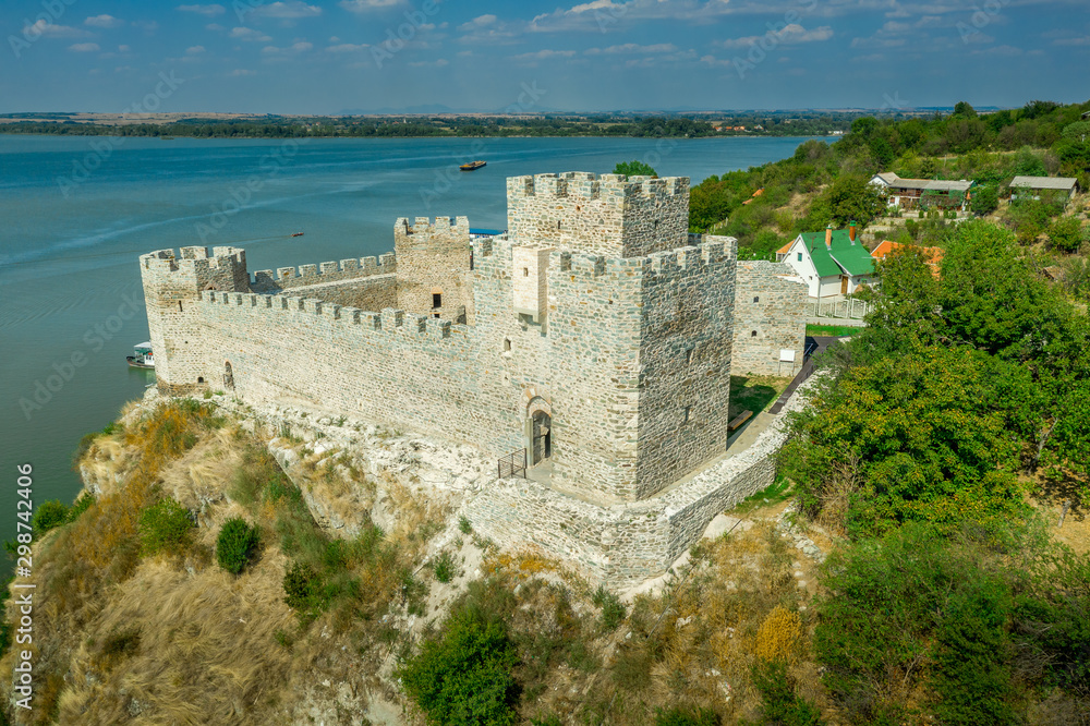 Aerial panorama view of newly restored Ram castle former Turkish stronghold on the bank of the river Danube in Serbia former Yugoslavia