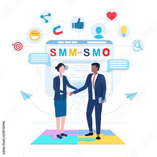 SMM and SMO concept with man and woman business people shaking hands, standing among social media and internet icons with blue speech balloons. Vector cartoon isolated on white