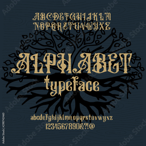 Decorative gothic serif font inspired by the Art Deco era.The font is perfect for elegant ligatures logo design  packaging or invitation cards. Letters  Numbers and Symbols. Vector Illustration.