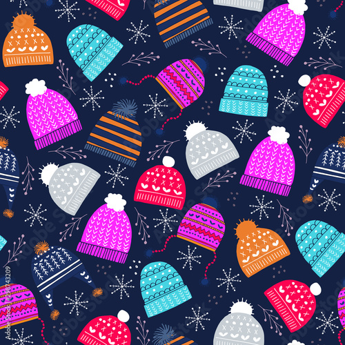 Foto seasonal vector pattern repeat of hand-drawn, cheerful, winter, woolly hats