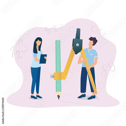 Concept of Education, lesson in mathematics and geometry class. A compas and pencil for drawing circles. Vector illustration in a flat style 