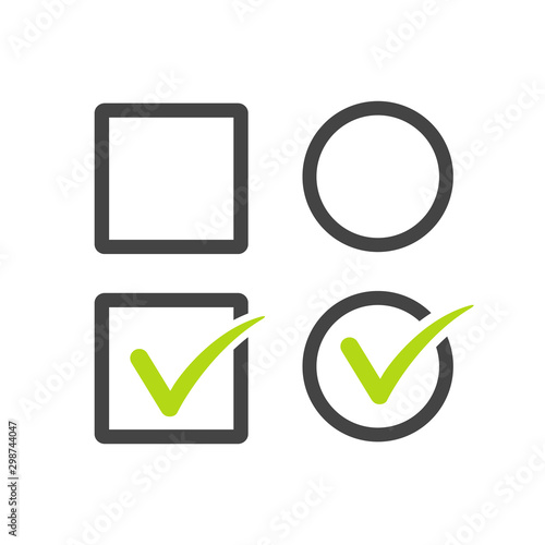 Check uncheck, square and round Checkbox set with blank and checked checkbox line art vector icon for apps and websites. Stock Vector illustration isolated on white background.