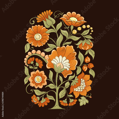 Tradition mughal motif, fantasy flowers in retro, vintage style. Element for design. Embroidery imitation Vector illustration. Isolated on black background