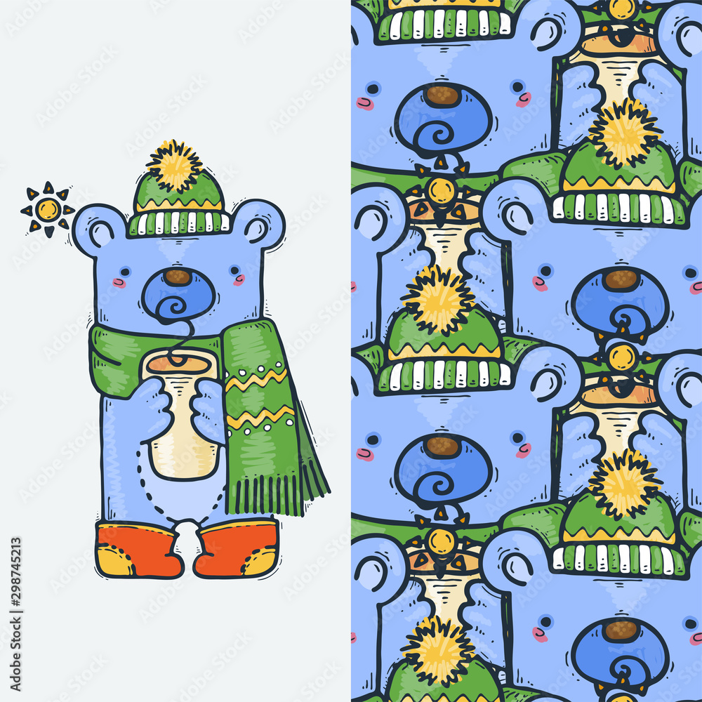 Seamless pattern with cute bear. Warming in the winter cold weather. Scarf, hat and woolen socks. Seamless pattern with cute bear. Warming in the winter cold weather. Scarf, hat and woolen socks.
