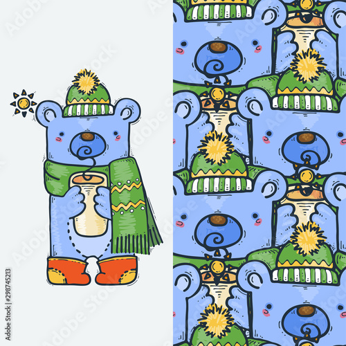 Seamless pattern with cute bear. Warming in the winter cold weather. Scarf, hat and woolen socks.