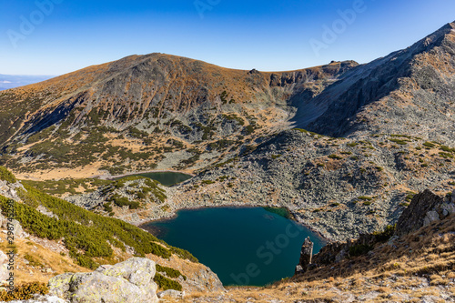 Mountain Lake with autumn clear blue sky near Musala, Rila Region in Bulgaria