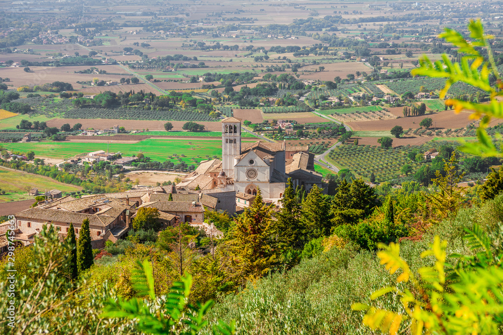 View of Basilica of Saint Francis of Assisi and Umbria countryside seen from Rufinus Hill