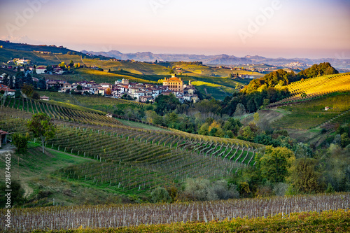 Barolo town and Langhe hills aerial view in autumn in Piedmont  Italy. Wine tasting region area.