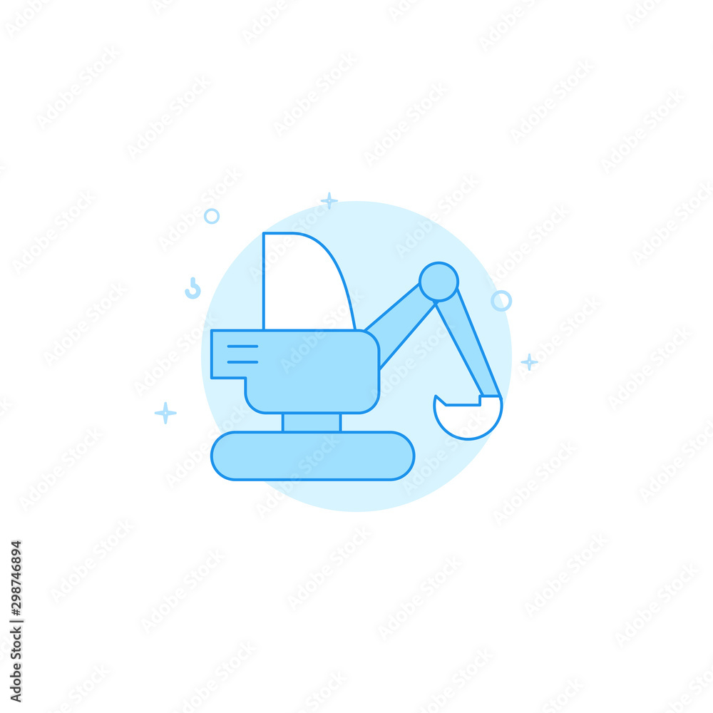 Excavator, digger flat vector icon. Filled line style. Blue monochrome design. Editable stroke Excavator, digger flat vector icon. Filled line style. Blue monochrome design. Editable stroke