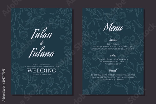 wedding invitation cover set with beauty floral tulip flower abstract doodle hand drawn style ornament decoration background mockup elegant template vector illustration vintage frame