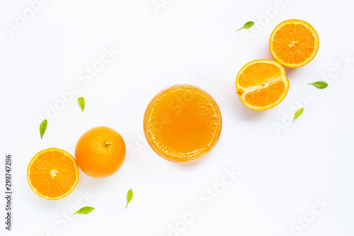 Fresh orange juice with orange fruit on white background.