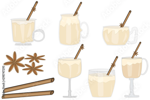 Set of Christmas drink egg nog. Glasses winter drink of egg-nog with a cinnamon stick. Egg Nog isolated on white background. Tasty holiday drinks. Christmas party drink. Vector illustration