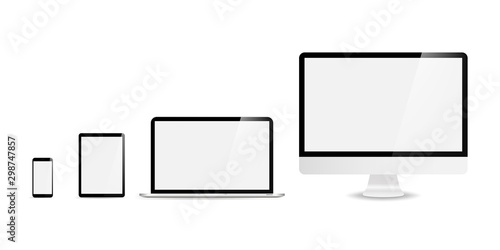 Devices in realistic trendy design on white background. Set of computer laptop tablet and smartphone with empty screens. Mock up. Blank screen isolated.