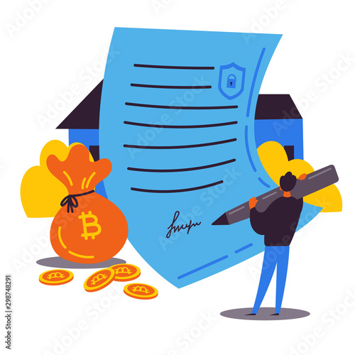 Block chain contract.Buying a house through a smart contract.Man holds a pen and signs a smart contract to buy a house.An innovative contract.Payment by bitcoins.Vector illustration