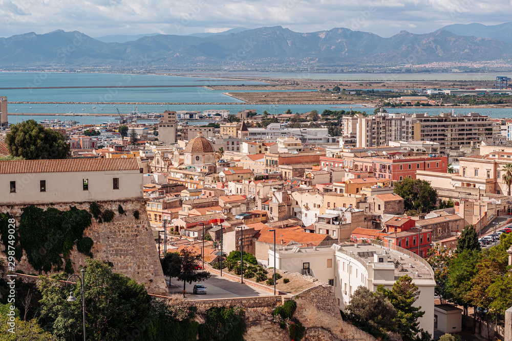 CAGLIARI, ITALY /OCTOBER 2019: Areal panoramic view of the old city