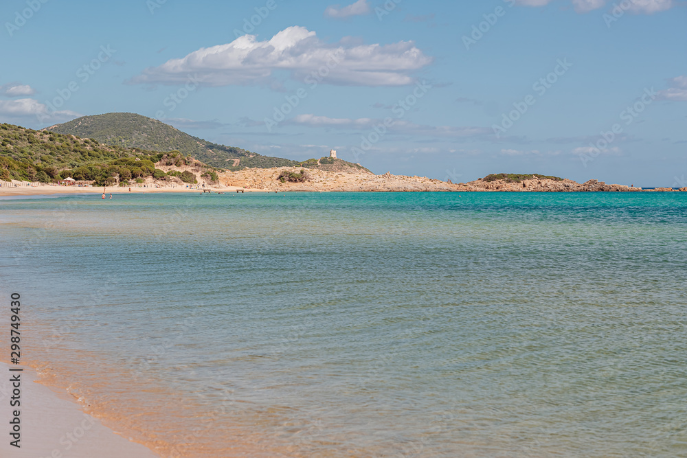 CHIA, SARDINIA / OCTOBER 2019: The beautiful white sand beach of Chia, south of Sardinia
