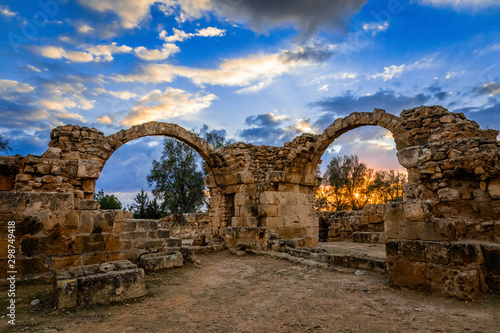 The Byzantine Saranta Kolones, Forty columns castle, ruined archs in a sunset time, Kato Paphos, Cuprus photo