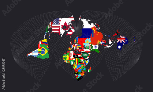 World Flag Map. Alan K. Philbrick's interrupted sinu-Mollweide projection. Map of the world with meridians on dark background. Vector illustration.