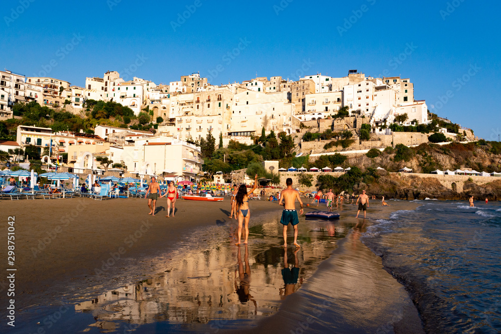 August 12, 2019, Sperlonga, Italy, view on old town Sperlonga and clowded beach during August holidays in Lazio, Italy