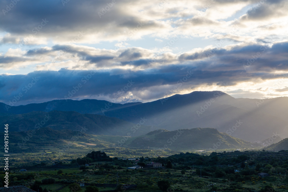 Landscape with  mountain range in soft morning sunlights on Sicily island, South of Italy