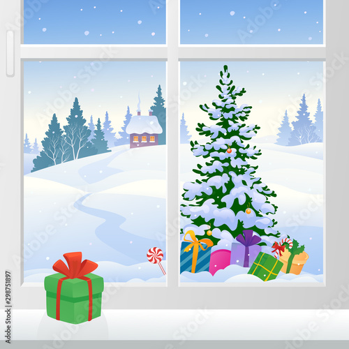 Christmas morning window view with a Christmas tree outdoor