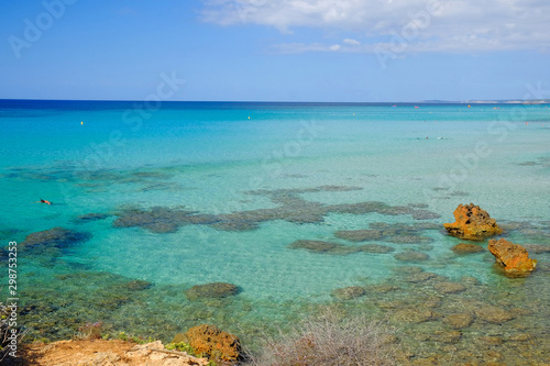 View on the sea on the beach Son Bou on the Balearic Island Menorca, Spain.