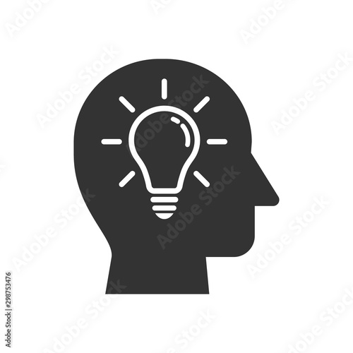 Human head simple silhouette icon with light bulb. Head with light bulb or idea, invention concept black vector icon.