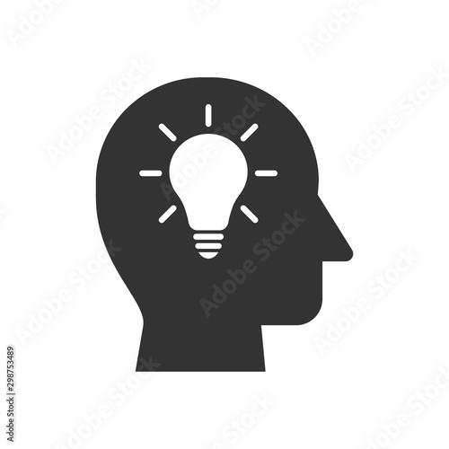 Human head simple silhouette icon with light bulb. Head with light bulb or idea, invention concept black vector icon.