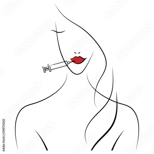 Beautiful woman girl uses injection cosmetology injects beauty injections with a syringe on her lips and face in a spa beauty salon isolated on a white background.Vector illustration